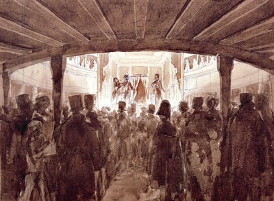 ジェノヴァのサンタゴスティーノ劇場のインテリア、ルイージ・ガリッボ作（1782-1869）、水彩画、イタリア 作： Luigi Garibbo