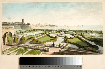 ドリア王子の別荘の公園と背景のジェノバ（ドローイングと水彩画、1825年頃 作： Luigi Garibbo