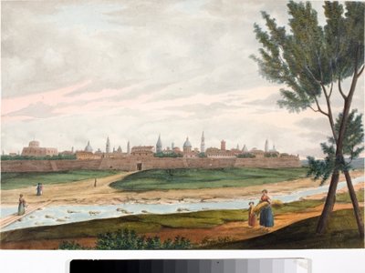 トスカーナのルッカと思われる城壁都市の眺め（インクと水彩画、1820年頃 作： Luigi Garibbo