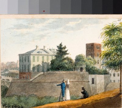 ジェノバの城壁とサント・ステファノの鐘楼の眺め（水彩画、1825年頃 作： Luigi Garibbo