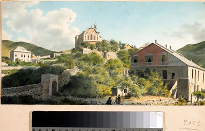 ジェノバ、オレギーナの丘と教会の眺め（水彩画、1825年頃 作： Luigi Garibbo