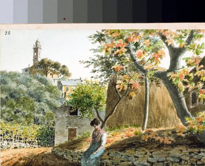 ジェノバ、スタグリエーノ山のサン・バルトロメオ教会の眺め（ドローイングと水彩画、1825年頃 作： Luigi Garibbo
