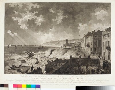 1821年12月25日の天変地異の際のジェノバ港の眺め（Engraving, c.1821) 作： Luigi Garibbo