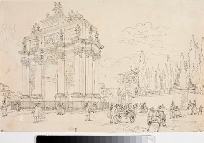 フィレンツェ、ポルタ・サン・ガッロの凱旋門の眺め（デッサン、1825年頃 作： Luigi Garibbo