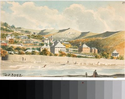 ジェノバ近くのサンタ・マルゲリータ教会の鐘楼のあるマラッシの丘の眺め（水彩画、1825年頃 作： Luigi Garibbo