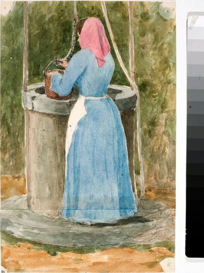 井戸から水を汲む民衆の女（水彩画 作： Luigi Garibbo