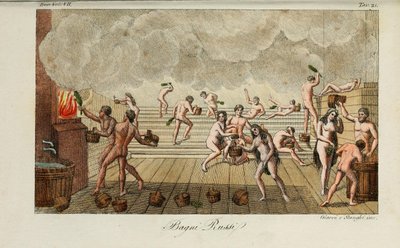 ロシア風呂。 古代と現代の衣装や政府の歴史からのイラスト…ジュリオ・フェラーリオ作、1831年 作： Luigi Giarrè
