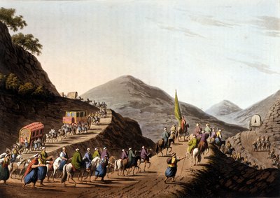 バルカン山脈の道を行くエクソダス - ルイジ・マイヤーがロンドンで描いた原画による「Views in the Ottoman Dominions, in Europe, in Asia, and some of the Mediterranean islands」の中の一枚。 作： Luigi Mayer