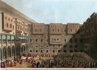 "ムラード・ベイの宮殿の広場で運動するマムルクス" ルイジ・マイヤー（1755-1803）によるリトグラフ - 1802年 薄手 22,9x31,6 cm プライベート・コレクション 作： Luigi Mayer
