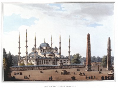 イスタンブールのスルタン・アーメド（1609-1616）のモスク。ロンドンのルイジ・マイヤーが撮影した原画をもとにした「Views in the Ottoman Dominions, in Europe, in Asia, and some of the Mediterranean islands」に収録されている。 作： Luigi Mayer