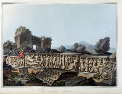 現在のトルコにあるギリシャの古代都市エフェセの遺跡とフリーズの彫刻。 ルイジ・マイヤーがロンドンで撮影した原画をもとにしたオスマン帝国の支配地域、ヨーロッパ、アジア、および地中海の島々の景観」に掲載されています。 作： Luigi Mayer