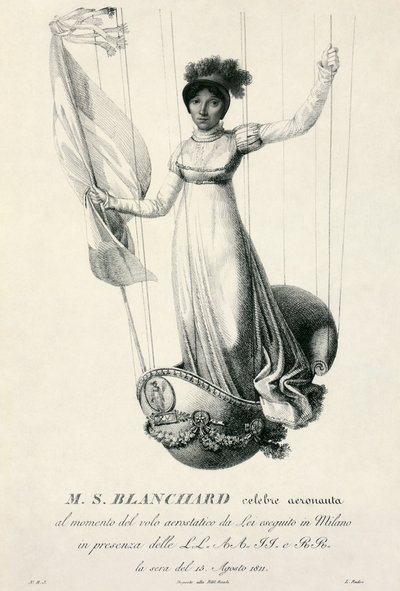 1811年にミラノ、イタリアで飛行中のフランスの気球奏者ソフィーブランチャードの肖像 作： Luigi Rados