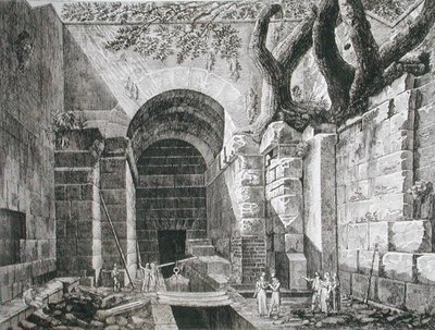 アルバーノ湖畔のカステル・ガンドルフォのローマ時代の遺跡、1824-26年に出版された「Le Antichita dei Contorni di Roma」より（銅版画） 作： Luigi Rossini