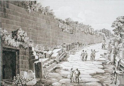 1825年に最初の発掘が行われたトゥスクロへのローマ道（1824-26年に出版された「Le Antichita dei contorni di Roma」より）（銅版画 作： Luigi Rossini
