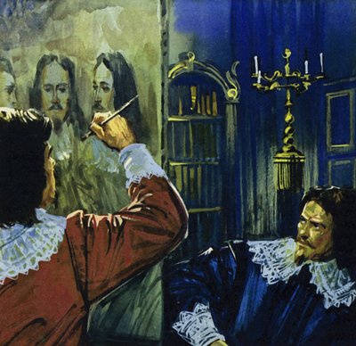 チャールズ1世がヴァン・ダイクをイギリスに招き、彼の肖像画を描く（カラーリトグラフ） 作： ルイス・アルカス・ブラウナー