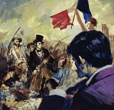 フランス革命に触発され、ウジェーヌ・ドラクロワはフランス国民を導く自由を描いた（カラーリトグラフ） 作： ルイス・アルカス・ブラウナー