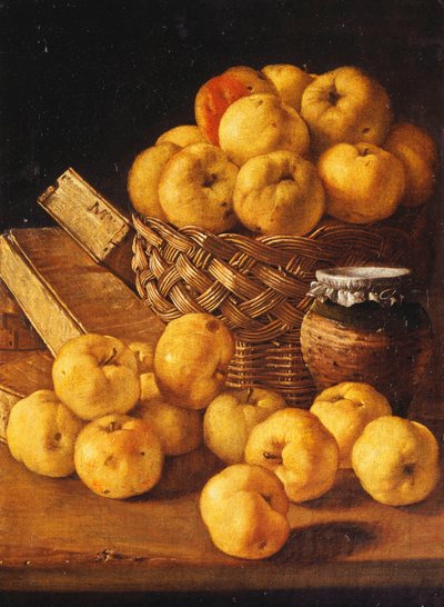 バスケットに入ったリンゴ、瓶、テーブルの上の調味料ボックス、 作： Luis Egidio Melendez