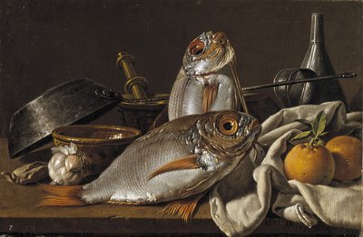鯛、オレンジ、ニンニク、台所用品のある静物、1772年 作： Luis Egidio Melendez