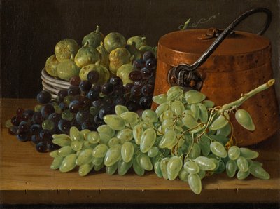 ブドウ、イチジク、銅のやかんのある静物、1770年頃 作： Luis Egidio Melendez