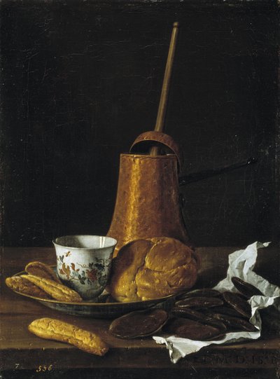 チョコレートとペストリーのある静物、1770 作： Luis Egidio Melendez