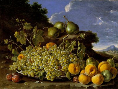 風景の中のブドウ、桃、梨、梅のプレートのある静物、1771年頃 作： Luis Egidio Melendez