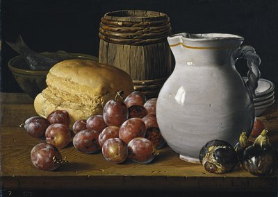 プラム、イチジク、パン、水差しのある静物、18世紀後半 作： Luis Egidio Melendez