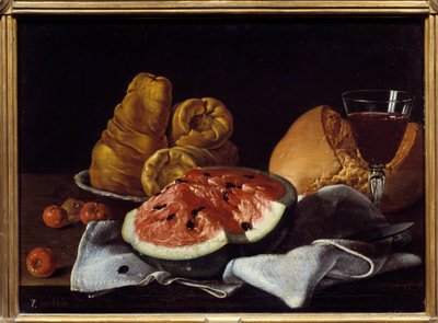 パステック、パン、ケーキ、ワインカップ。スペイン派のルイス・メレンデス（1716～1780）による絵画 作： Luis Egidio Menendez or Melendez