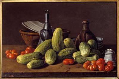 静物画：きゅうり、トマト、容器。ルイス・メレンデス（1716～1780年）の絵画 作： Luis Egidio Menendez or Melendez