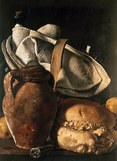 ティータオルと水差しとパンの静物画 作： Luis Egidio Menendez or Melendez