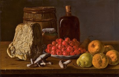 アザロールリンゴ、フルーツ、マッシュルーム、チーズのプレートのある静物 作： Luis Egidio Melendez