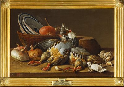 2羽のインコと玉ねぎと台所用品のある静物画...（キャンバスに描かれた絵） 作： ルイス・メネンデスまたはメレンデス