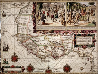 1586年頃、地図製作者ルイス・テイシェラ（またはテイシェイラ）が作成したギニーの地理地図。右上には先住民（アフリカ人）のダンスシーンが描かれている。 作： Luis Teixeira