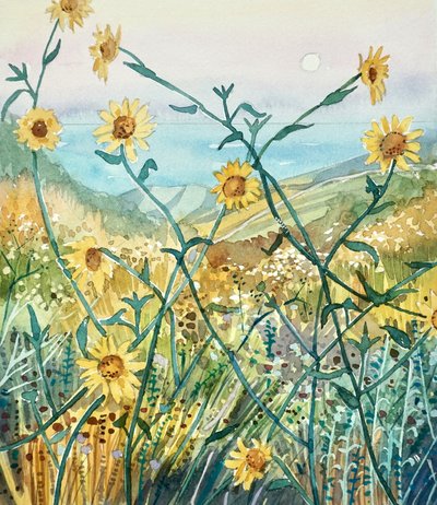 日差しの降り注ぐ野の花と海の景色 作： 