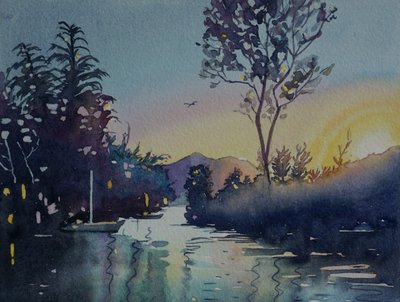 静かな川の夕日 作： 