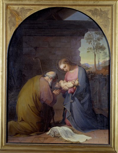 イエスの崇拝（イエスを拝むイエスとマリア） ルイザ・ムッシーニ・ピアッジオ（1830-1865）の絵画 点字 109x81 cm ゲネス、ガレリア・ダルテ・モデルナ、 inv 0087 作： Luisa Mussini Piaggio