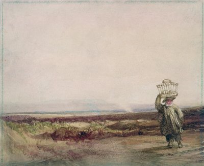 荒れ地の風景の中、彼の頭にバスケットを運ぶ少年 作： Luke Clennell