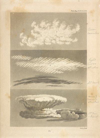 筆者による雲の種類：
a,aは巻積雲の特徴を示し、遠方での様子も示している。b,bは明るい巻層雲と暗い巻層雲で、前者は雨天が始まる直前に撮影したもの、後者は小春日和に撮影したものである。 作： Luke Howard