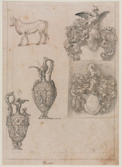 1500年代半ばの2つの花瓶、2つの紋章、および牛の直腸のデザイン。 作： Luzio Romano