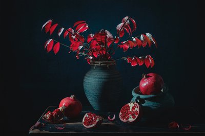 ムーディな赤いザクロの静物画 作： Lydia Jacobs
