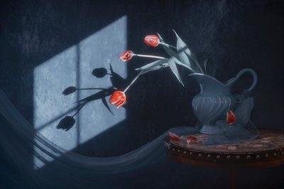 窓辺の光に照らされたチューリップ 作： Lydia Jacobs