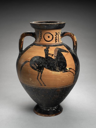 紀元前560年から540年の2人の騎手がいる黒い数字の首のアンフォラ（テラコッタ） 作： Lydos (manner of)