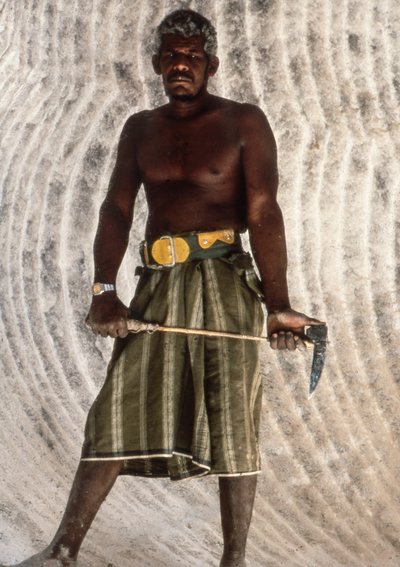 古代都市アット・シャブワの古い塩坑で塩のピックを持つイエメン人男性。 作： Lynn Abercrombie