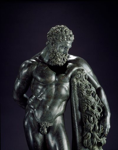 ギリシャ美術。「休息するヘラクレス」詳細シシオネのリュシッペ（紀元前395-305）のブロンズ彫刻 紀元前4世紀。スルモーナのエルコレ・クリノの祠より。イタリア・キエーティ国立考古学博物館 - 休息するヘラクレス（ヘラクレス） - ブロンズ彫刻のディテール 作： Lysippos (attributed to)