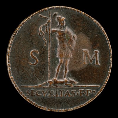 伏せられた狼の上に立つ武装した人物［裏面］。 作： Lysippus Junior