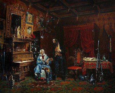中世の家具が置かれた古物商の部屋の内部、1838年～46年頃（カラーリトグラフ） 作： M. (after) Renoux