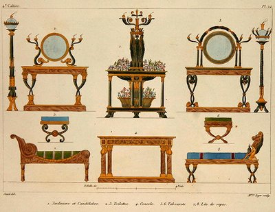 1828/41年に出版された「Meubles Modeles de Meubles et de decorations interieures pur les Meubles」のプレート24にソイエ夫人が彫った家具のデザイン（カラーリトグラフ）。 作： M. (after) Santi