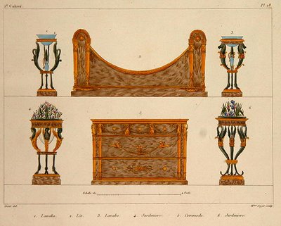 1828/41年に出版された「Meubles Modeles de Meubles et de decorations interieures pur les Meubles」のプレート28にソイエ夫人が彫った家具のデザイン（カラーリトグラフ） 作： M. (after) Santi
