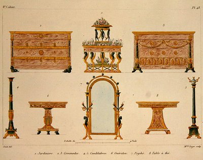 1828/41年に出版された「Meubles Modeles de Meubles et de decorations interieures pur les Meubles」のプレート48にソイエ夫人が彫った家具のデザイン（カラーリトグラフ） 作： M. (after) Santi