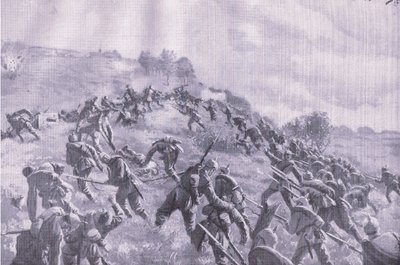 ザウレの奪還。稜線への突入（『イラストレイテッド・ヒストリー・オブ・ザ・ワールド・ウォー 1914-1915』（ユニオン・ベルラグゼフェルフシャフト刊）より 作： M. Barascudts
