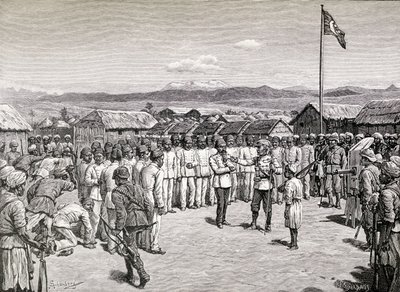 ヘンリーモートンスタンレー卿、1890年にカヴァリで反政府軍の将校に演説（木版画） 作： M. Schonberg